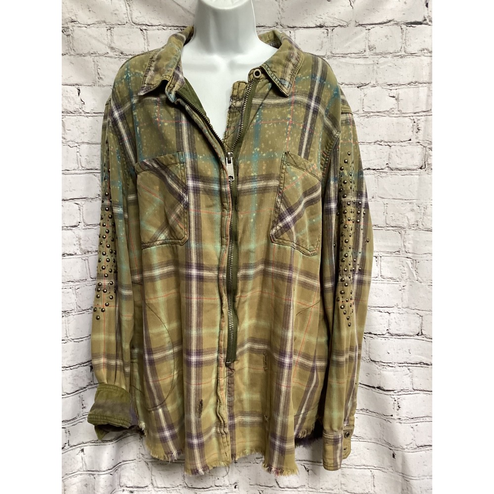 Free People Studded Plaid Zip Front Shirt Jacket Olive Green Distressed Large